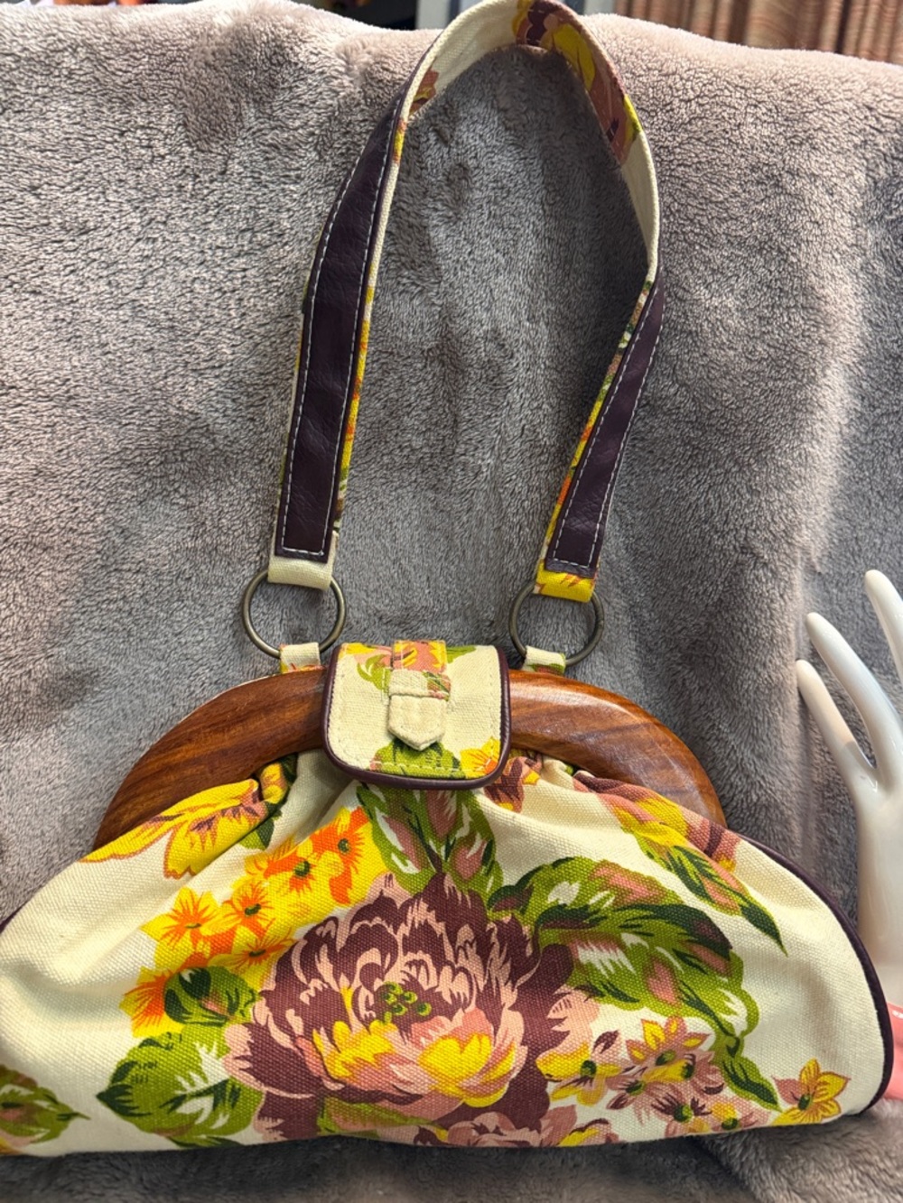 Vintage Floral Canvas Shoulder Bag - Cream, Yellow & Brown